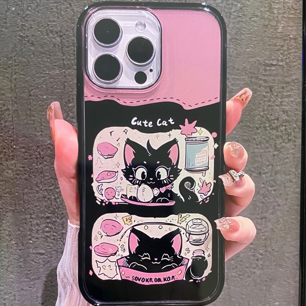 Cute Cat Pink & Black Phone Case - Unbranded